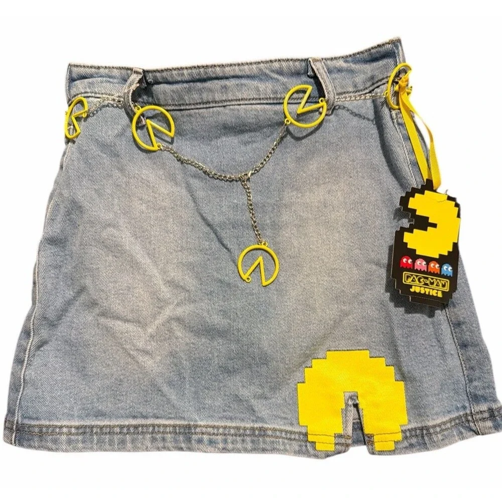 Justice Pac-Man Denim Skirt Girls M 10 High Rise Chain Belt Blue‎ NWT